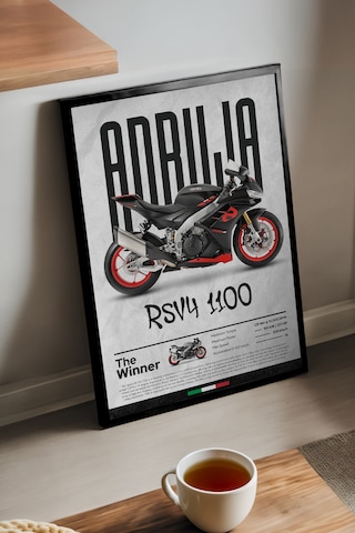 Aprilia Rs V4 1100 Siyah Ahşap Çerçeveli Poster, Dekoratif Motosiklet Duvar Tablosu Çok Renkli
