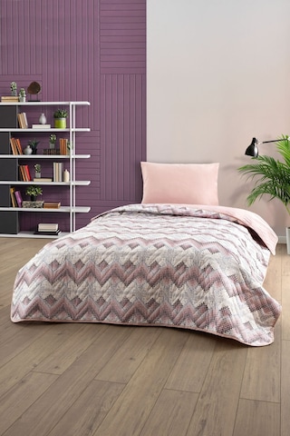 Tek Kişilik Desenli Kapitone Çift Taraflı Renkli Pike Yatak Örtüsü Takımı Pudra