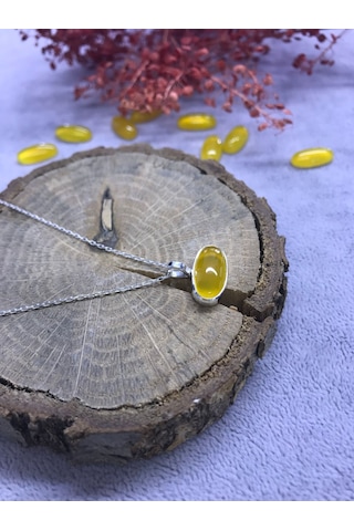 Sarı Akik Taşlı Gümüş Kolye 925 Ayar Doğal Taş