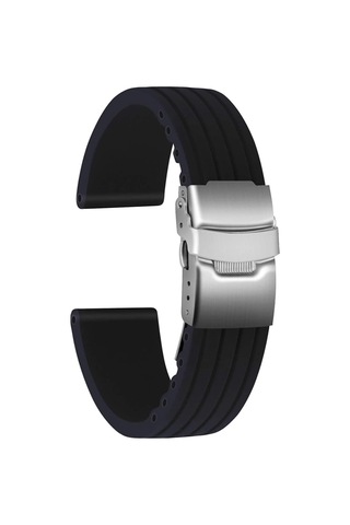 Paslanmaz Çelik Gümüş Katlanır Tokalı Unisex Kauçuk Kayış Siyah 22mm Çok Renkli