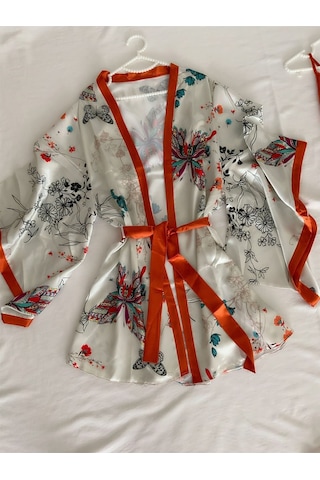 Mh Moony Homewears Orange Botanic Saten Gecelik Sabahlık Seti Beyaz Yeşil Ve Turuncu Tonları