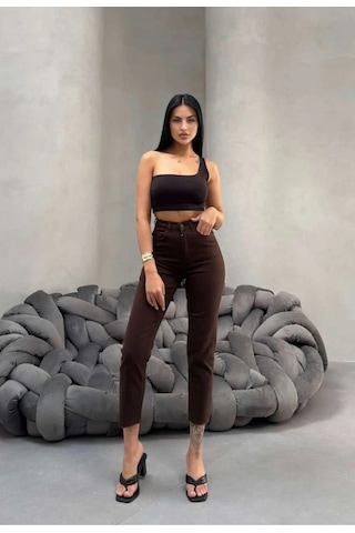 Kene Jeans Kadın Kahverengi Yüksek Bel Keten Paça Kesik Dar Paça Pantolon Kahverengi