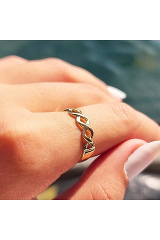 Örgü Altın Yüzük - 14 Ayar Altın Örgü Taşsız Minimal Yarım Tur Kadın Yüzük - Eşe Sevgiliye Yüzük Sarı Altın