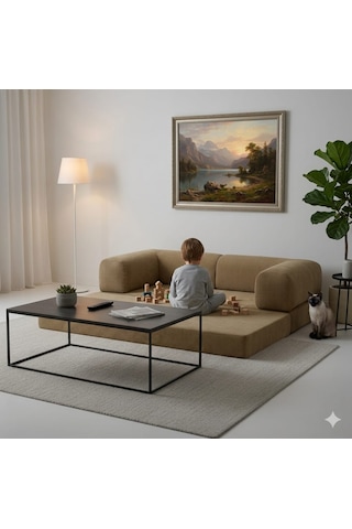 Herev 160x80 Sünger Koltuk İki Kişilik Kanepe Yataklı Yıkanabilir Kadife Kumaşlı Haki