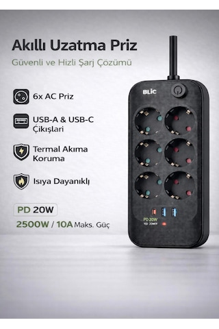 6 Priz 2 Usb 1 Type-c Girişli Akım Koruma Ve Çocuk Kilitli 2 M Uzatma Kablolu Priz 0 - 2 M