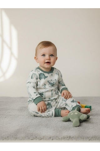 Zekids Erkek Bebek Pamuklu Dinazor Desenli Pijama Takımı-16268 Yeşil