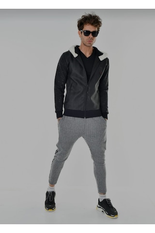 Eliesar Elite Slim Fit Kesim Kapüşonlu Mont Gri - Siyah