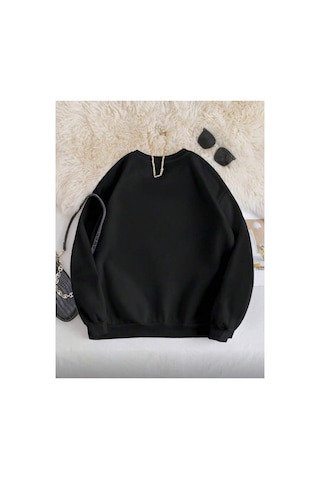 Herkesemoda Kiraz Baskı Detaylı Bisiklet Yaka Sweatshirt Siyah