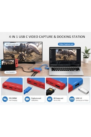 Nintendo Switch İle Uyumlu Usb-c Video Capture Ve Docking Station, 4-in-1 Pd 100w Hızlı Şarj, 1080/60hz Capture-out, 4k Loop-out, Usb 3.2 Veri Transferi Zr1282