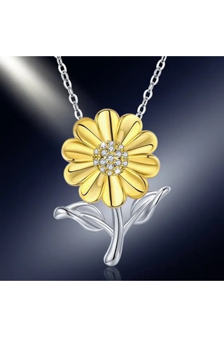 Güneş Çiçeği Büyük Sarı Çiçek Ve Açık Renkli Kolye 925 Ayar Gümüş Zincir Çok Renkli