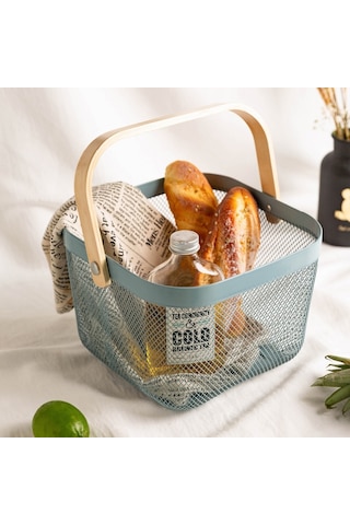 Sones Kare Ahşap Saplı Örgü Sepet Atıştırmalık Meyve Saklama Sepeti Mavi
