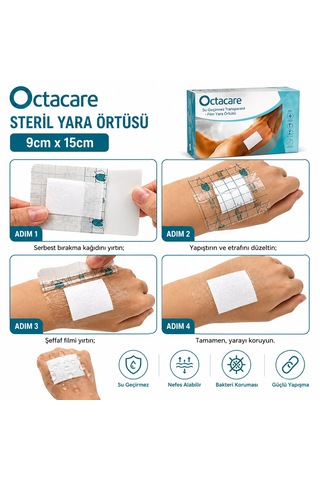 Octacare Su Geçirmez Pedli Şeffaf Pu Film Steril Yara Örtüsü 9cm 15cm 50 Adet