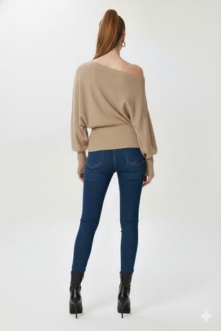 Fiolin Omuzu Açık Off Shoulder Triko Kazak Bej