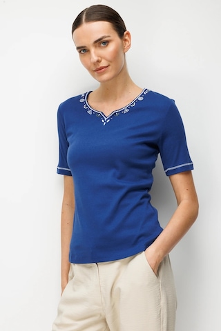 Desen Triko Sıfır Yaka Yakası Ve Kolu İşlemeli Pamuklu Penye Kadın T-shirt 26803 Lacivert