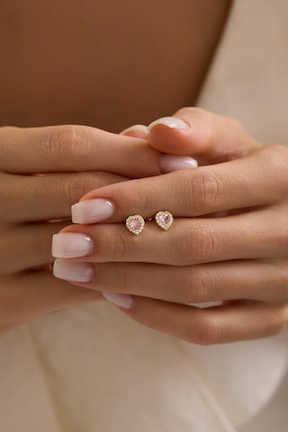925 Ayar Gümüş Gold Kaplama Pembe Taşlı Kalp Model Küpe Altın