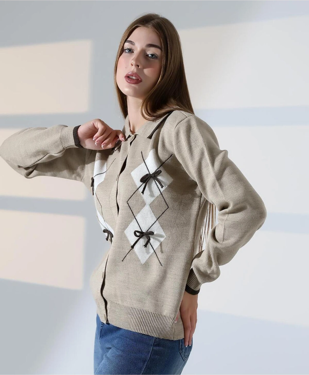 Baklava Desen Polo Yaka Kadın Kazak Vizon