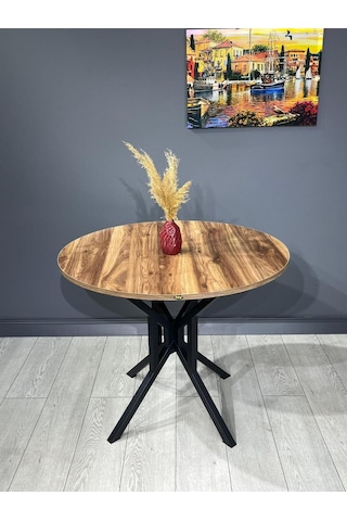 Sedef Kemençe Yuvarlak Mutfak Masası Yemek Masası Balkon Masası Metal Siyah Ayak 100 Cm