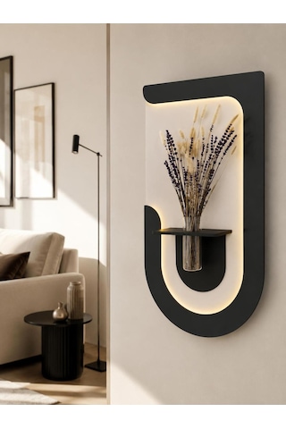 Akasya Ahşap Pilli Ledli İskandinav Tarzı Salon Duvar Rafı Modern Çiçeklik 40 X 75 Cm Parisgrisi - Antrasit