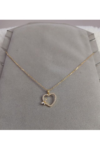 Beren Aksesuar Stainless Steel Taşlı Kalp Ve Kelebek Çelik Kolye Gold
