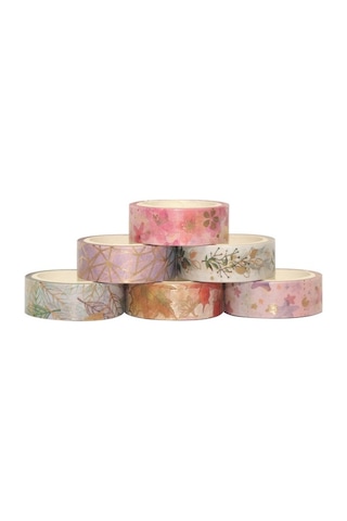 Novahub 6 Rulo Desenli Washi Bant Seti - Altın Yaprak Çiçekli Dekoratif Yapışkan Bant 15mm