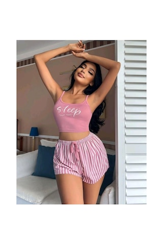 Mr Owl Kadın Pembe Çizgili Askılı Şortlu Pijama Takımı