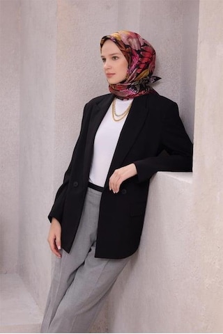 Belli Tivil Saf İpek Eşarp 4225 - 51 Siyah Çiçek Desen Bordo