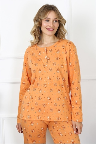 Akbeniz Kadın 4xl-5xl-6xl-7xl-8xl Büyük Beden Uzun Kol Pijama Takım 75014-turuncu Turuncu