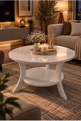 Orta Sehpa Beyaz 75 Cm Çap - Mdf Ayak 46 Cm Yükseklik Modern Orta Sehpa Beyaz