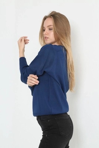 Alfanora Unisex Uzun Kol V Yaka Triko Kazak - Indigo Indigo