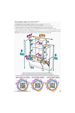Bedi 125 Cm 2 Bölme Sepetli 3 Kapaklı Çok Amaçlı Banyo Mutfak/kiler Dolabı 75+50 X160x32,5 Cm Beyaz