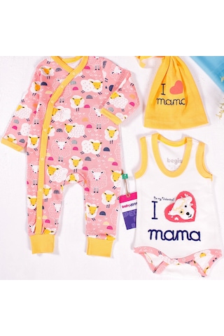 Yeni Doğan 3-6 Ay Kuzu Figürlü Şapkalı 3'lü Bebek Takımı Sarı Sarı