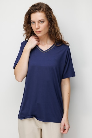 Desen Triko Kadın V Yaka Yaka Kenarı Zincirli Penye T-shirt 26707 Lacivert Lacivert