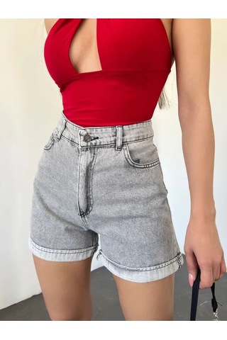 Viking'S Line Duble Paça Yüksek Bel Mom Kalıp Yıkamalı Denim Şort