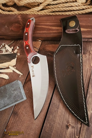 Outdoor Piknik Kamp Bıçağı Çakısı Kılıflı El Yapımı Verzalit Sap Kahverengi