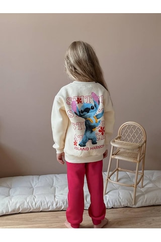 Kız Çocuk Stitch 3 İplik Şardonlu Takım Ekru