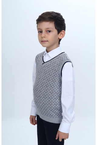 Toontoy Kids Toontoy Erkek Çocuk Regular Fit V Yaka Kare Desenli Okul Süveter - Garni & 2 İplik Gri