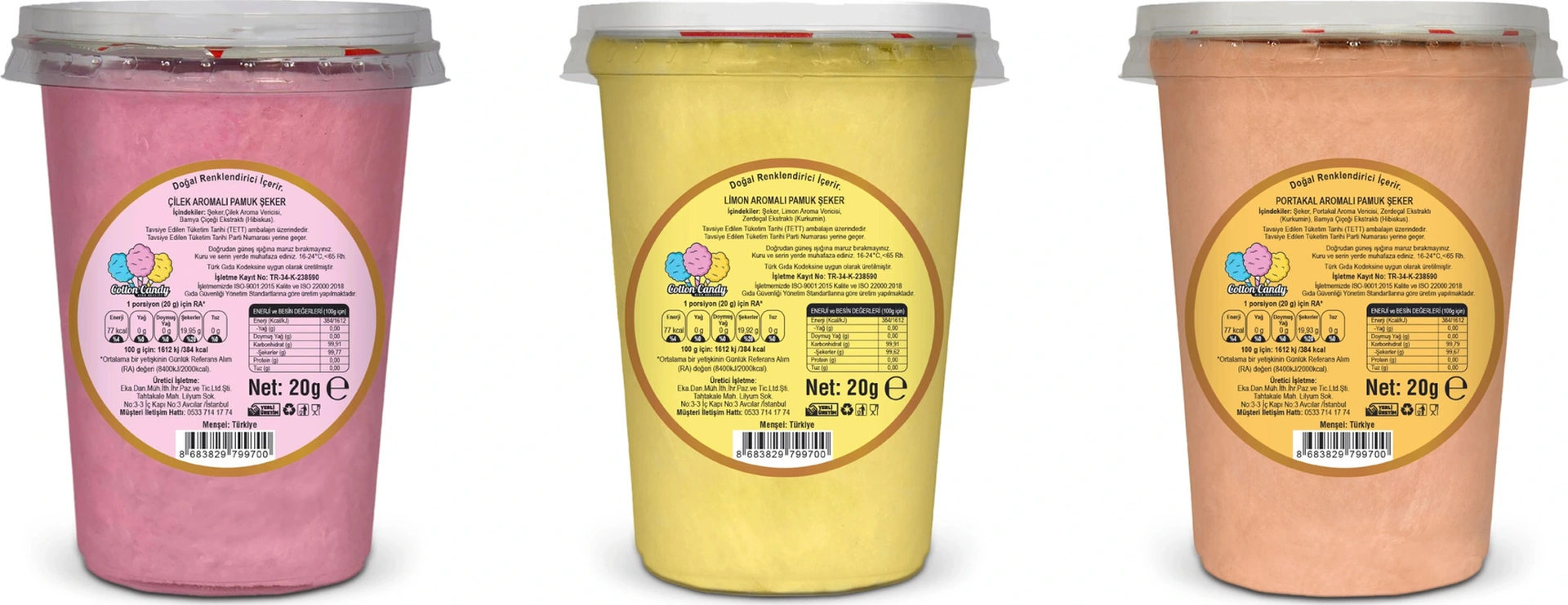 Çilek, Limon, Portakal Aromalı 3'lü Gurme Pamuk Şekerler