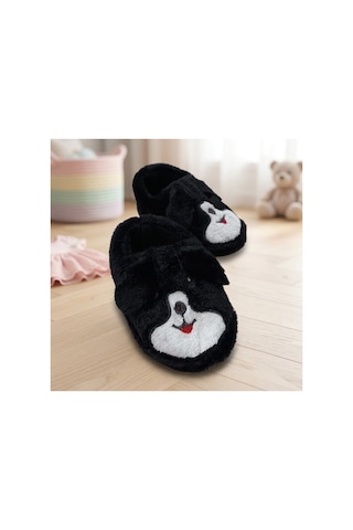 Modafocus Çocuk Köpekli Peluş Panduf - Siyah Siyah