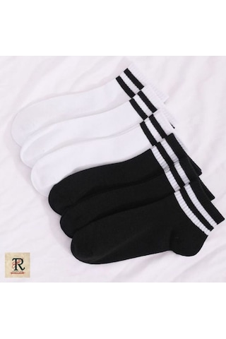 Trampler Unisex 6'lı Kısa Çemberli Kolej Patik Siyah Beyaz Çorap Siyah Beyaz