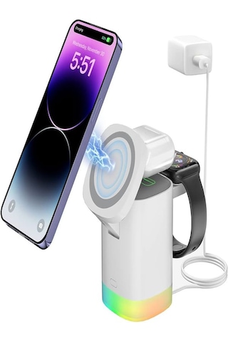 Deanb AW013 15 3 İn1 Kablosuz Mıknatıslı RGB Şarj Cihazı Beyaz