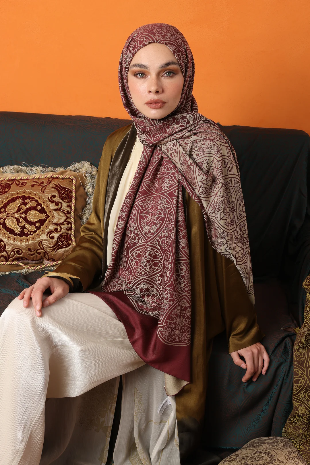 Mooncorn Morocco Desen Çift Taraflı Şal Mürdüm - Somon