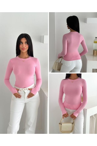 Elaxi Kadın Bisiklet Yaka Uzun Kol Parmak Geçmeli Buzy Bady Pembe