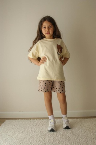 Jeliboomkidswear Kiz Çoçuk 3-10 Yaş Şortlu Kısa Kollu 2 Li Takım Krem - Kahve