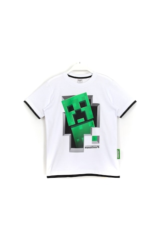 Erkek Çocuk Minecraft Creeper 3D Baskılı T-Shirt Beyaz