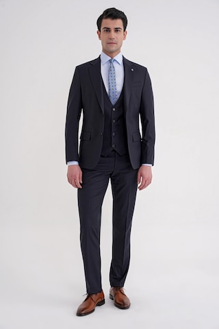 Efor Slim Fit Çift Yırtmaç Çizgili Esnek Yünlü Lacivert Yelekli Klasik Takım Elbise Tk 935 Lacivert