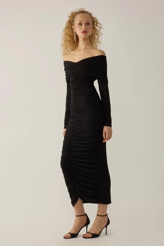 Hiccup Drapeli Off Shoulder Bodycon Maxi Elbise Siyah