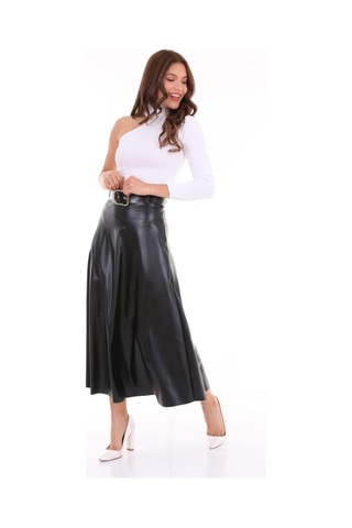 Winmoda34 Deri Etek Uzun Kemer Detaylı Kloş Model Siyah