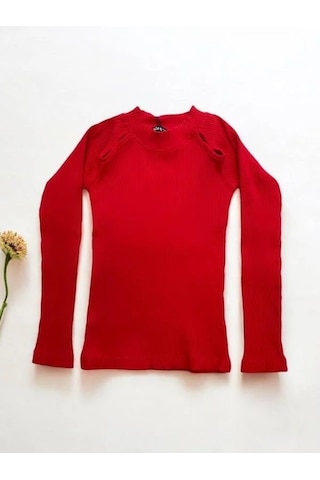 Kız Çocuk Yarım Balıkçı Yaka Detaylı Fitilli Bluz-14344 Kırmızı