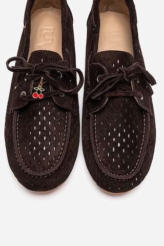 Luvishoes Stevo Kahverengi Süet Hakiki Deri Delikli Bağcıklı Kadın Loafer Ayakkabı