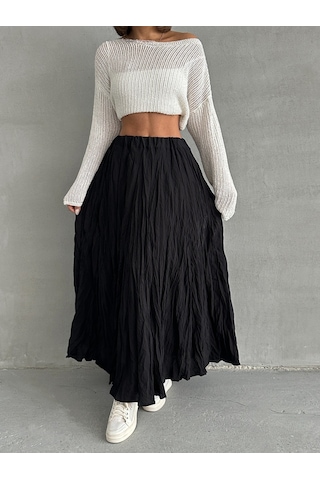 Kadın Buruşuk Modal Dokulu Soft Uzun Etek Siyah